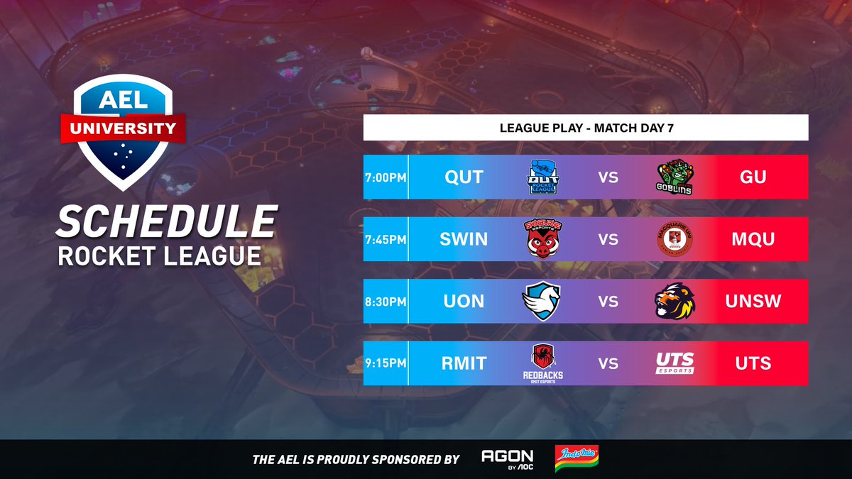 Australian Esports League (@auesportsleague) on Twitter photo Continuing on with our final week of League Play in the University Elite Series we have Rocket League!
π΄ Live from 6:45PM AEST
πΊ twitch.tv/auesportsleague
ποΈ <a href="/formalcasting/">max vonneumann</a> & <a href="/QueenMorgie_/">QueenMorgie</a>
π¬ <a href="/BkWhatOCE/">Bk</a> & <a href="/4ngrymanRL/">4ngryman</a>
Match Schedule
7PM <a href="/qutesports/">QUT Esports</a> vs <a href="/GriffithEsports/">Griffith Esports</a>
7:45PM Continuing on with our final week of League Play in the University Elite Series we have Rocket League!
π΄ Live from 6:45PM AEST
πΊ twitch.tv/auesportsleague
ποΈ <a href="/formalcasting/">max vonneumann</a> & <a href="/QueenMorgie_/">QueenMorgie</a>
π¬ <a href="/BkWhatOCE/">Bk</a> & <a href="/4ngrymanRL/">4ngryman</a>
Match Schedule
7PM <a href="/qutesports/">QUT Esports</a> vs <a href="/GriffithEsports/">Griffith Esports</a>
7:45PM