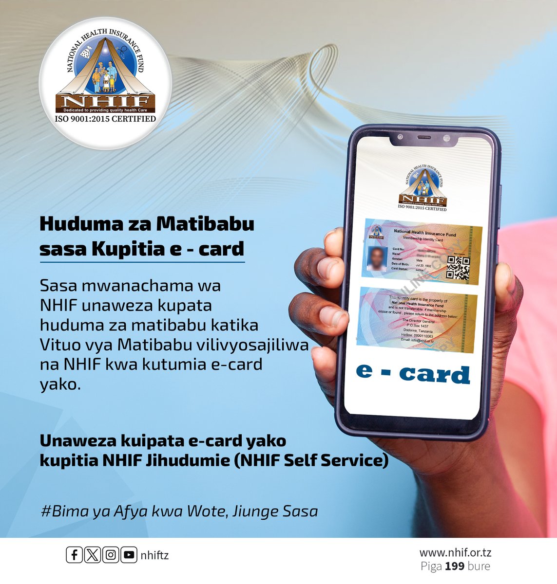 NHIF Tanzania (@nhiftz) on Twitter photo Bima ya Afya kwa Wote, Jiunge Sasa.
<a href="/wizara_afyatz/">Wizara ya Afya Tanzania ๐น๐ฟ</a> <a href="/TZMsemajiMkuu/">Msemaji Mkuu wa Serikali</a> <a href="/bima_afyatz/">BIMA YA AFYA KWA WOTE ๐น๐ฟ</a> #nhiftz #bima #bimayaafyakwawote Bima ya Afya kwa Wote, Jiunge Sasa.
<a href="/wizara_afyatz/">Wizara ya Afya Tanzania ๐น๐ฟ</a> <a href="/TZMsemajiMkuu/">Msemaji Mkuu wa Serikali</a> <a href="/bima_afyatz/">BIMA YA AFYA KWA WOTE ๐น๐ฟ</a> #nhiftz #bima #bimayaafyakwawote