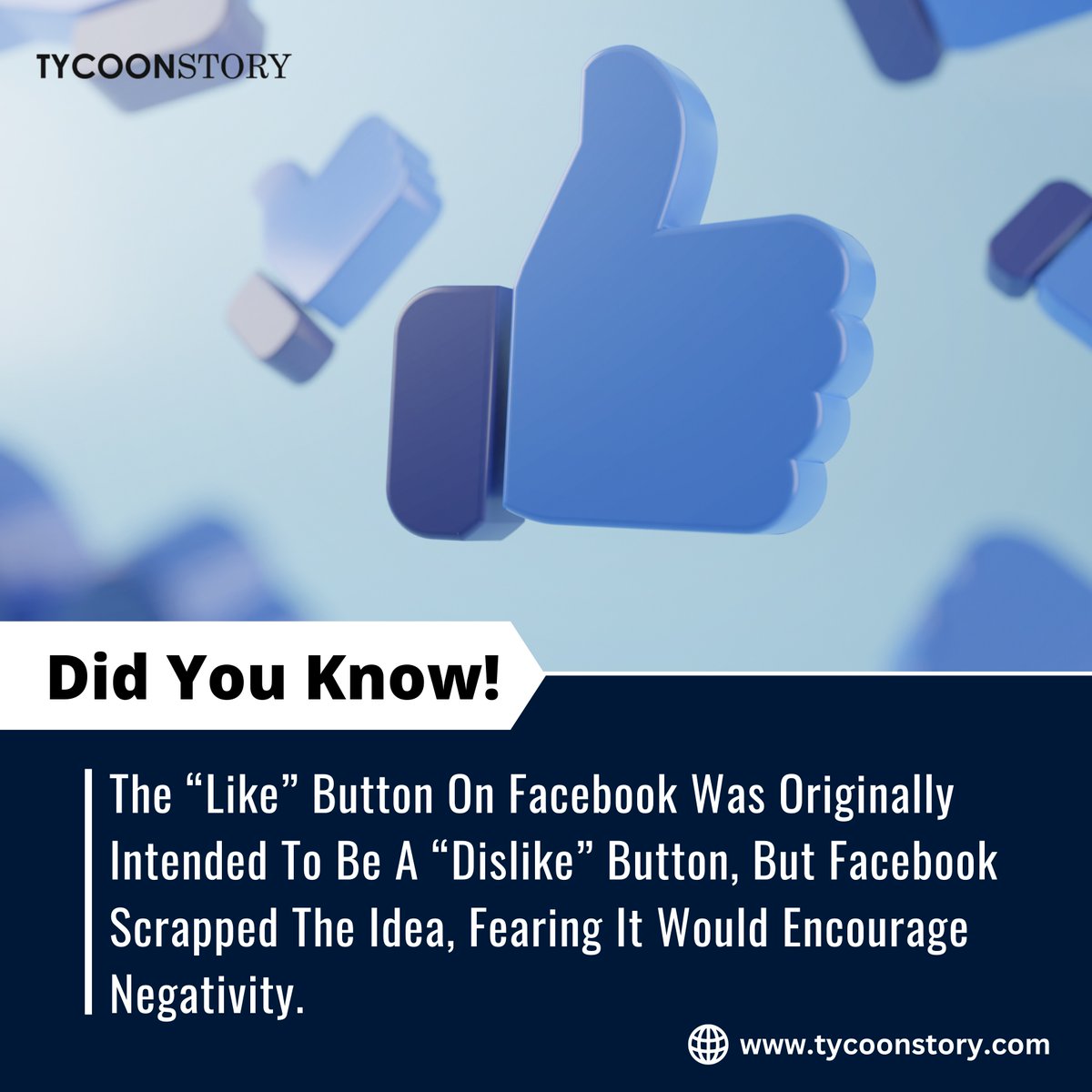 TycoonStoryCo's tweet photo. Did You Know?
The "Like" button on Facebook was originally intended to be a "Dislike" button. Facebook scrapped the idea fearing it would encourage negativity. Imagine how different social media would be! 🤔
https://t.co/ZRjBOSKpPJ
#socialmedia #facebookhistory #techtrends https://t.co/vGnbPDHYYJ