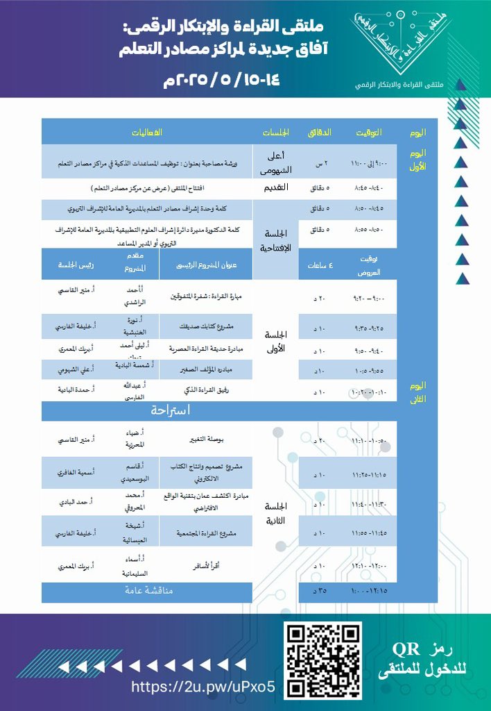 #يحدث_الآن 
ورشة توظيف المساعدات الذكية في مراكز مصادر التعلم ضمن ملتقى القراءة والابتكار الرقمي يقدمها علي الشهومي أخصائي مصادر تعلم بمدرسة زيد بن الخطاب.