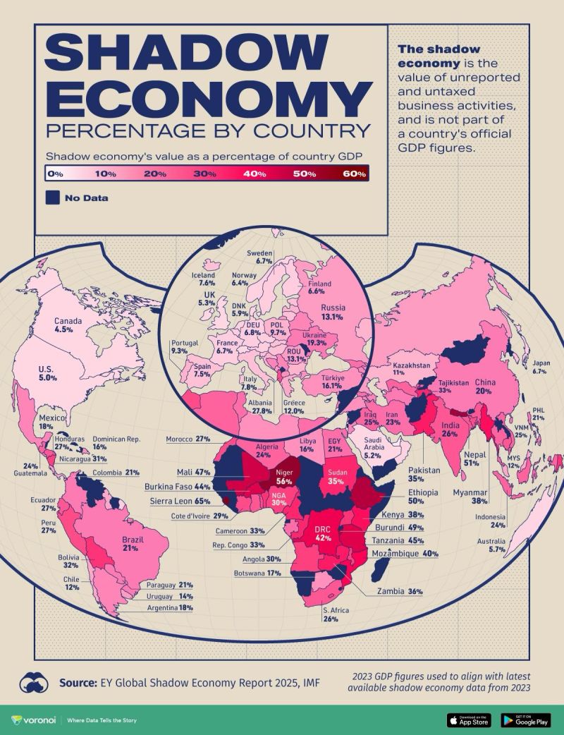 Visualizing the World's Shadow Economies. 

The shadow economy is the value of unreported and untaxed business activities and is not part of a country's official GDP figures.

Credit <a href="/VisualCap/">Visual Capitalist</a> 

Learn More: lnkd.in/gbPDYFTD

#Economy #shadoweconomy #GDP #Economics
