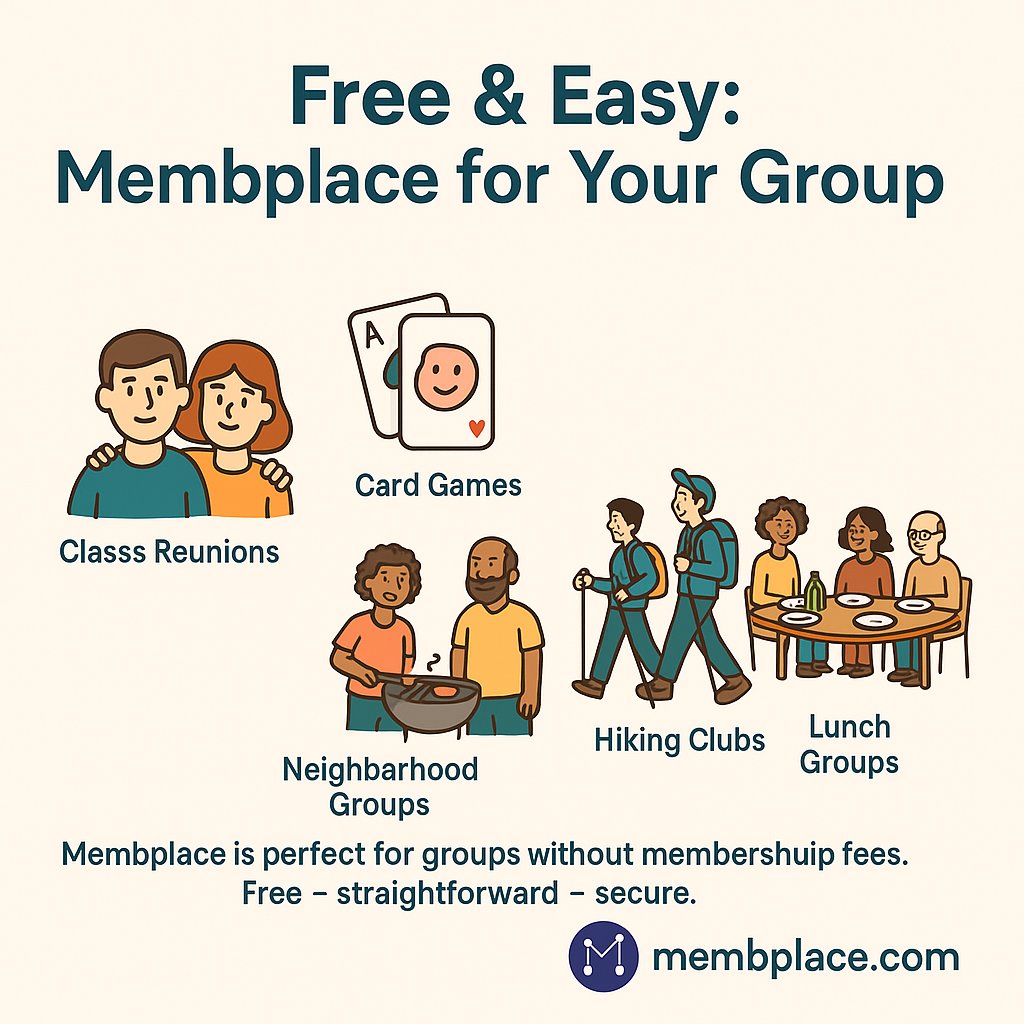 📣 Membplace – the smart solution for groups without a budget!
The core features of Membplace are free.
Perfect for groups without membership fees, such as:
👥 Class reunions
🃏 Card game nights
🏘️ Neighborhood groups
👣 Hiking clubs
🍽️ Lunch gatherings
➡️ Try it now: