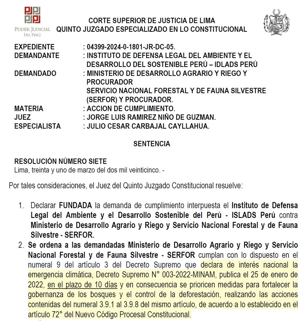 ⚠️ <a href="/IDLADS/">Instituto IDLADS</a>:  CSJ Lima ordena a <a href="/midagriperu/">MIDAGRI PERÚ</a> y <a href="/SerforPeru/">Serfor Perú</a> cumplan con numeral 9, art. 3° del DS N° 003-2022-MINAM, que declara de interés nacional la emergencia climática, y en el plazo de 10 días prioricen medidas para fortalecer la gobernanza de los bosques y el control de la