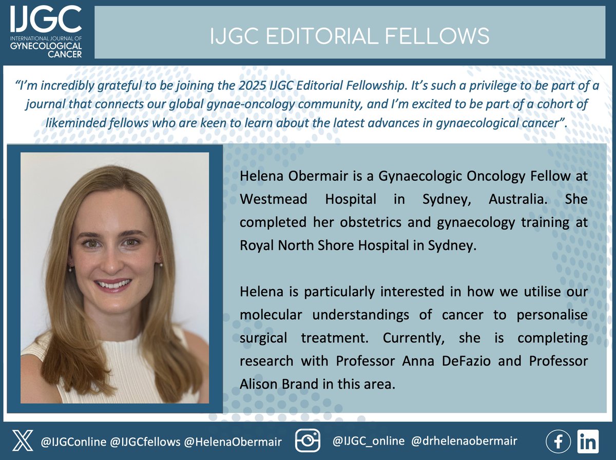IJGC (@ijgconline) on Twitter photo Our second #EditorialFellow is <a href="/HelenaObermair/">Helena Obermair</a>, a #GynaecologicOncology Fellow at Westmead Hospital in Sydney, Australia 🇦🇺
Welcome Helena!! 🤩
<a href="/pedroramirezMD/">Pedro T Ramirez</a> <a href="/HsuMd/">Arthur_HC_Hsu</a> <a href="/JayrajAarthi/">Aarthi S Jayraj</a> <a href="/AndreFernandes2/">Andreina Fernandes</a> <a href="/IGCSociety/">IGCS</a> <a href="/ESGO_society/">ESGO</a> <a href="/ENYGO_official/">European Network of Young Gynae Oncologists</a> <a href="/OncoAlert/">OncoAlert</a> <a href="/IJGCfellows/">IJGC Fellows</a> <a href="/GynMe4/">SoMe4GynOnc</a> Our second #EditorialFellow is <a href="/HelenaObermair/">Helena Obermair</a>, a #GynaecologicOncology Fellow at Westmead Hospital in Sydney, Australia 🇦🇺
Welcome Helena!! 🤩
<a href="/pedroramirezMD/">Pedro T Ramirez</a> <a href="/HsuMd/">Arthur_HC_Hsu</a> <a href="/JayrajAarthi/">Aarthi S Jayraj</a> <a href="/AndreFernandes2/">Andreina Fernandes</a> <a href="/IGCSociety/">IGCS</a> <a href="/ESGO_society/">ESGO</a> <a href="/ENYGO_official/">European Network of Young Gynae Oncologists</a> <a href="/OncoAlert/">OncoAlert</a> <a href="/IJGCfellows/">IJGC Fellows</a> <a href="/GynMe4/">SoMe4GynOnc</a>