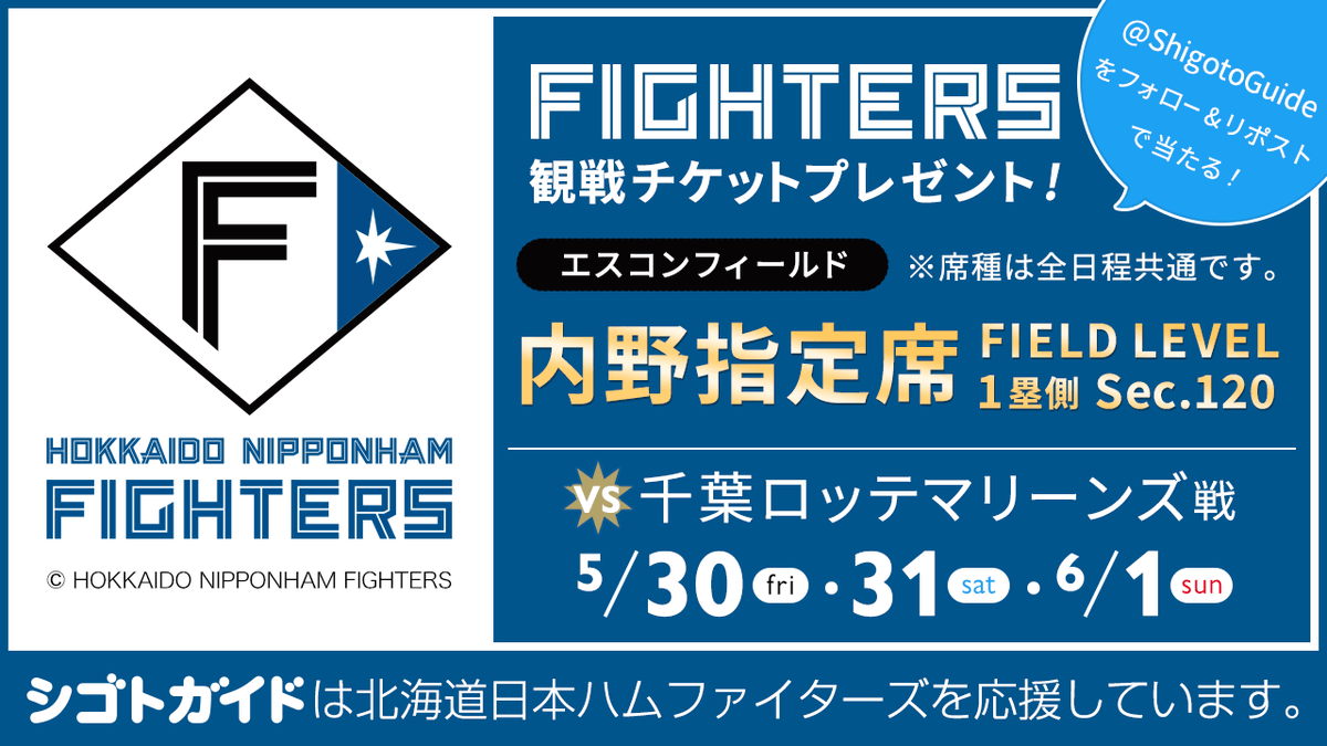 ShigotoGuide's tweet photo. 🎁ファイターズvsマリーンズ戦チケットプレゼント🎁
5／30・31・6／1
内野指定席 FIELD LEVEL 1塁側 Sec.120を2枚1組で3名様に✨

締切は5／19（月）AM9：00まで🕘

応募方法
１．@ShigotoGuideをフォロー・当ポストをリポスト
２．応募フォームを入力
応募フォームはこちら✏
https://t.co/Jk95cEpIDe https://t.co/KNiCUyKVBI