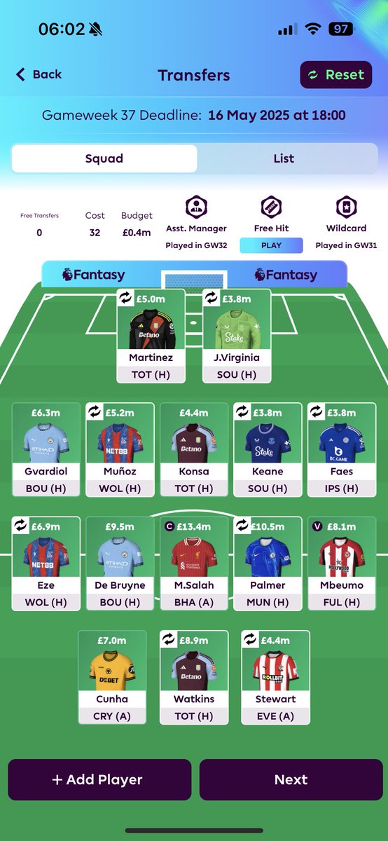 kwanage17's tweet photo. @GameweekGuru Thanks Tom for all your top tips, congratulations on your incredible overall rank🔥 I have a free hit to use either GW37 and 38, I’m trying to hold rank in a classic league and win the head to head match vs “average” to win my other mini league. Any amendments to this team?😊 https://t.co/z2aEk4HMSh