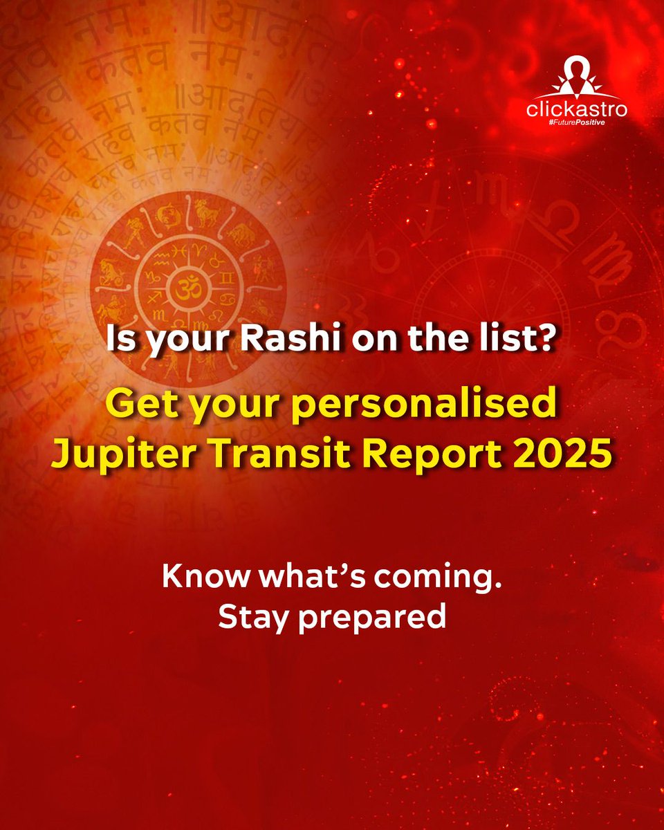 clickastrolive's tweet photo. 🌟 Jupiter Transit 2025 is happening TOMORROW! May 14 |🌠 How will it influence each Rashi? 
Is yours on the list?

Get your personalised Jupiter Transit Report 2025 for more details. 
https://t.co/maQpABB6vn 

#Clickastro #futurepositive #Jupitertransit2025 #astrology #zodiac https://t.co/lFwgZLFq9E