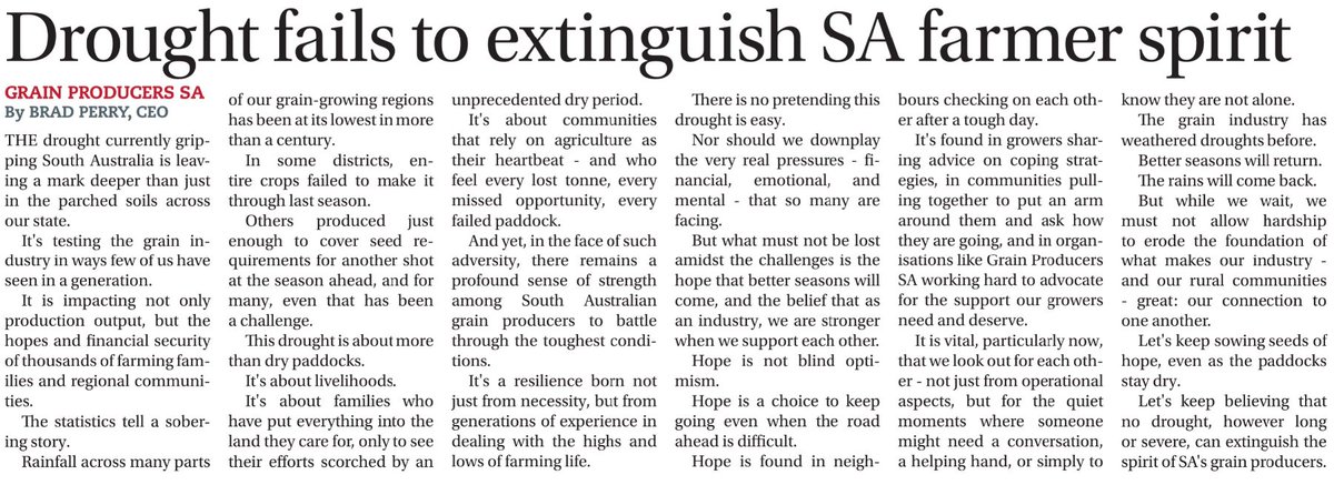 Grain Producers SA (@grainproducersa) on Twitter photo With the drought continuing across SA, GPSA CEO <a href="/BPerry0410/">Brad Perry</a> recently wrote in the <a href="/stockjournal/">Stock Journal</a> of the need to support each other through this difficult time and that nothing can extinguish the spirit of SA's grain producers. Read the column below: With the drought continuing across SA, GPSA CEO <a href="/BPerry0410/">Brad Perry</a> recently wrote in the <a href="/stockjournal/">Stock Journal</a> of the need to support each other through this difficult time and that nothing can extinguish the spirit of SA's grain producers. Read the column below: