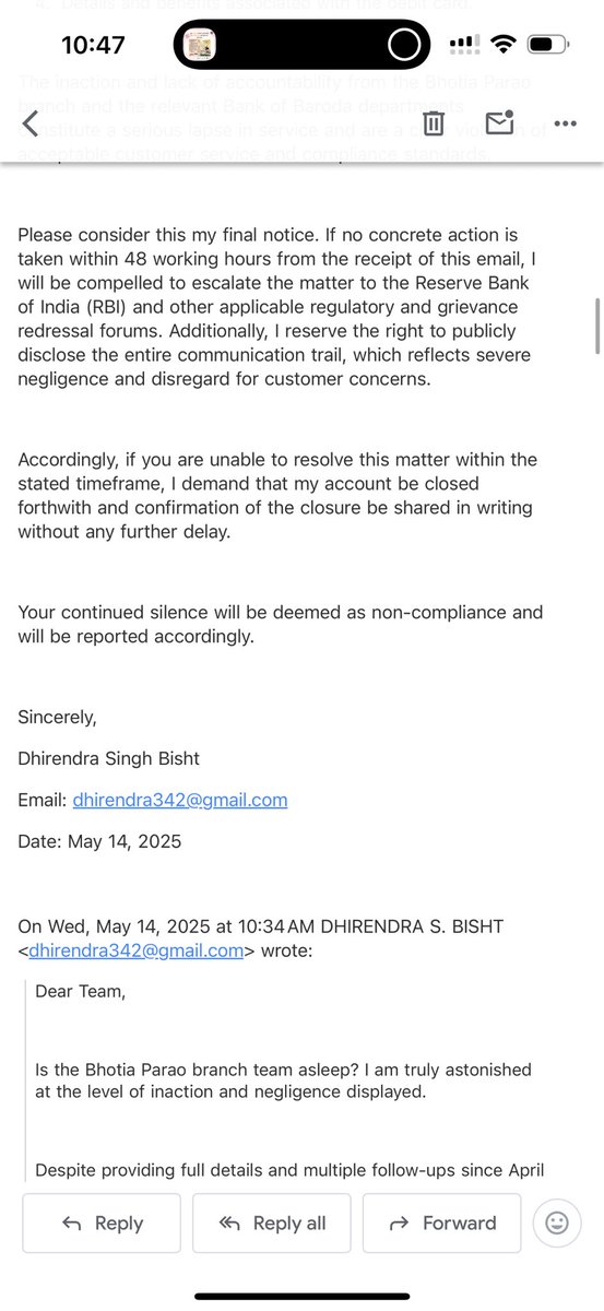 dhirendra342's tweet image. Despite over 100 reminders since April 28, @bankofbaroda has failed to respond to basic NRI account service requests. This is my final notice—if no action is taken in 48 working hours, I’ll escalate to @RBI &amp;amp; file a formal grievance. Shocking negligence. #BankingFailure #NRI