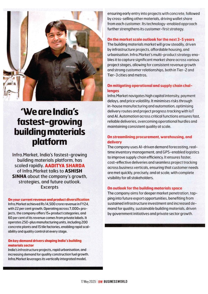 Infra.Market (@inframarket_) on Twitter photo Aaditya Sharda, Co-founder of Infra.Market, shares insights in a recent <a href="/BWBusinessworld/">BW Businessworld</a> magazine interview about the company’s journey as India’s fastest-growing building materials platform. He highlights our multi-product strategy, product diversification, and how Aaditya Sharda, Co-founder of Infra.Market, shares insights in a recent <a href="/BWBusinessworld/">BW Businessworld</a> magazine interview about the company’s journey as India’s fastest-growing building materials platform. He highlights our multi-product strategy, product diversification, and how