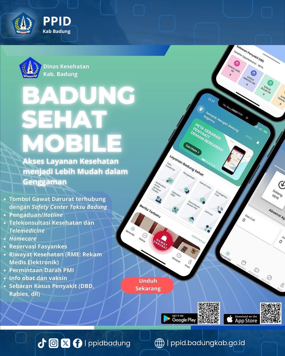 Aplikasi *Badung Sehat* dapat diakses pada play store dan app store pada link berikut:
*Play Store*:
play.google.com/store/apps/det…...
*App Store*:
apps.apple.com/id/app/badung-…...

Reposted from : 
@dinkesbadung @puskesmasmengwi_3