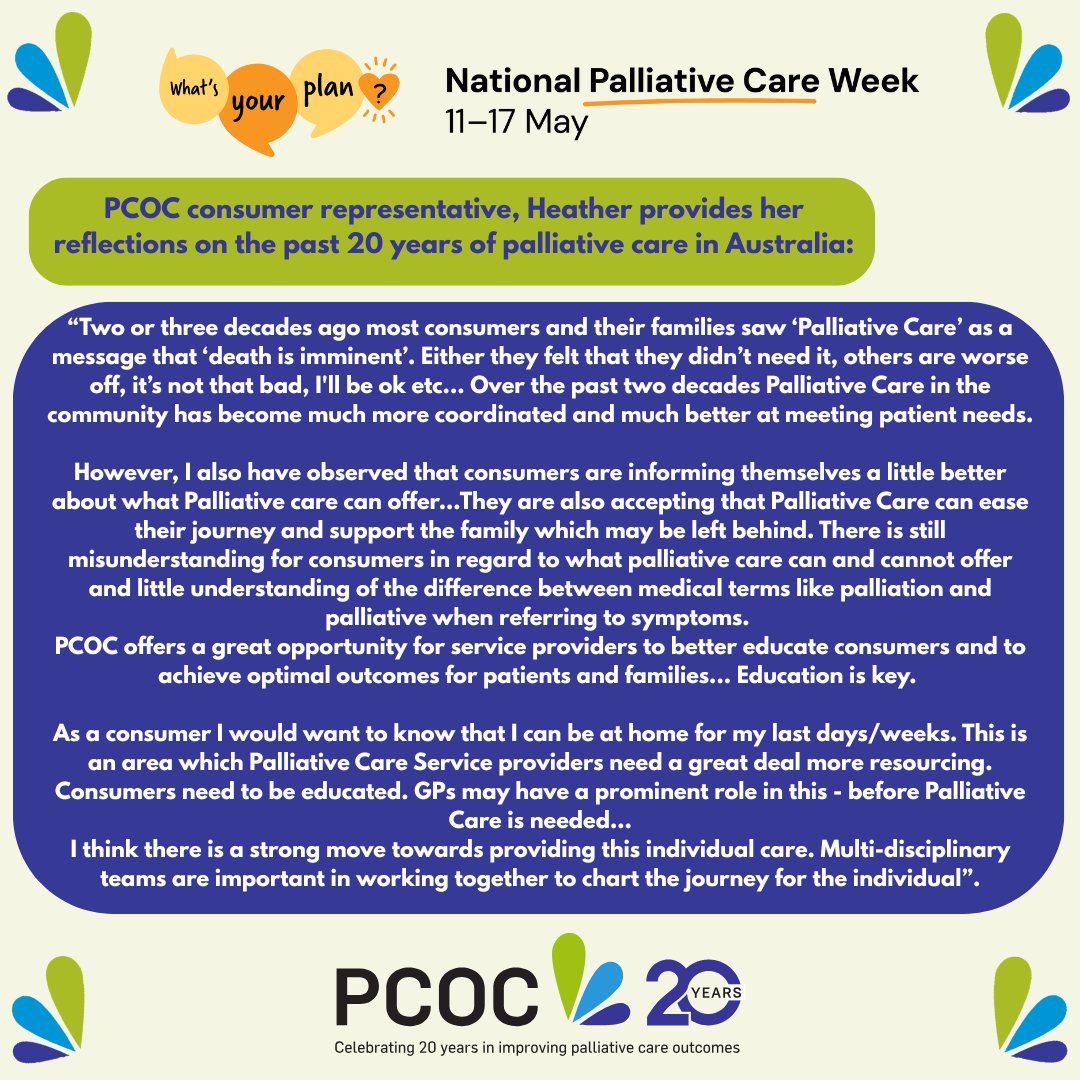 🌟 During National Palliative Care Week #NPCW #PCA, it is incredibly valuable to hear the voices of patients/clients and their family and carers. 👨‍👩‍👦

Thank you again to our consumer representatives for sharing their perspective on the past 20yrs of palliative care in Aus! 👏