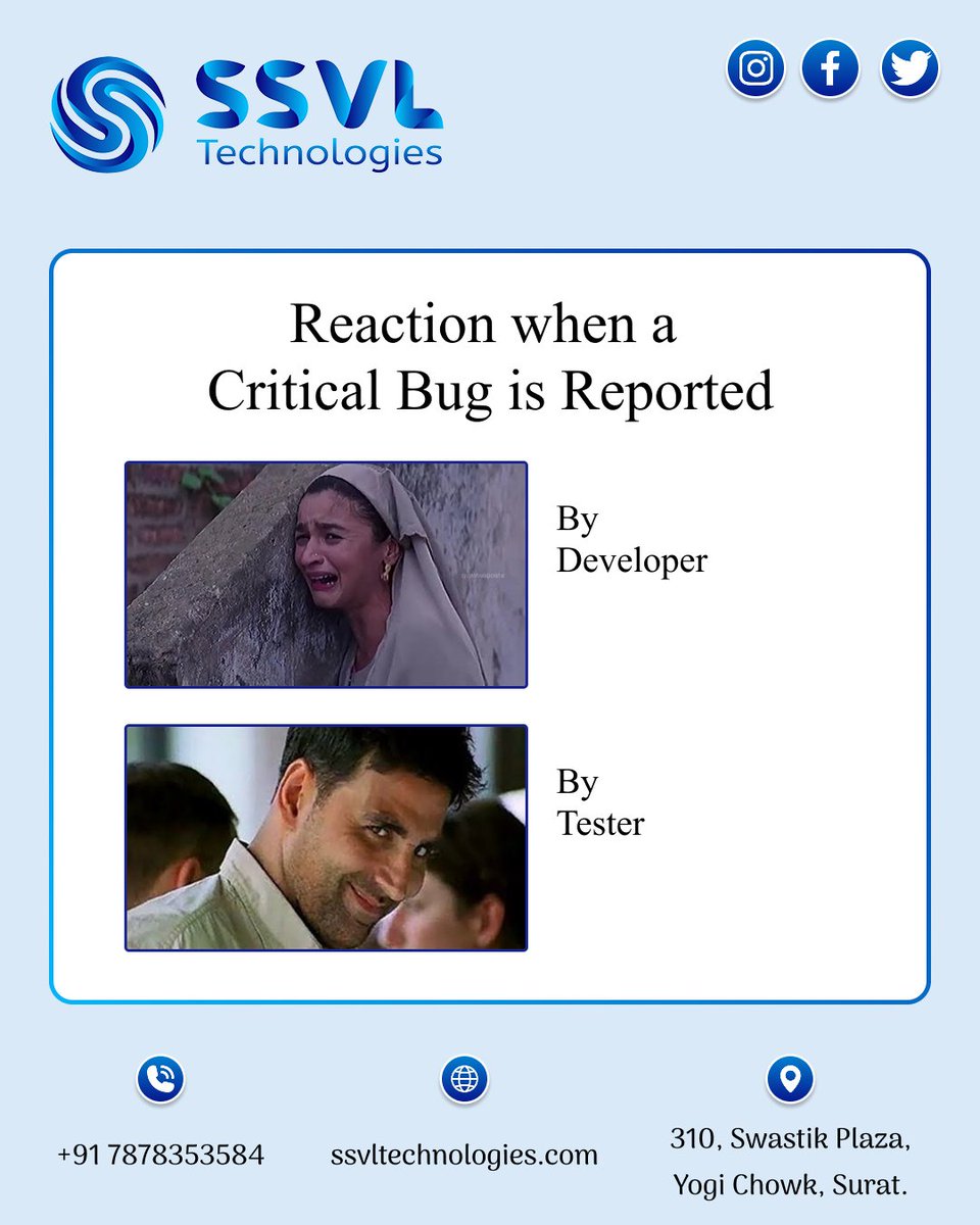 SSVLTechnology's tweet image. &quot;When a critical bug hits production… 👀

Developer: 😭 &apos;Not again!&apos;
Tester: 😏 &apos;Gotcha!&apos;

Critical bugs bring drama, but at SSVL Technologies, we turn them into solutions.

#CriticalBug #DevVsQA #TechMeme #SSVLTech #SoftwareTesting #iOSDevelopment #TesterVsDeveloper #BugFixing
