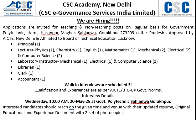 CSC Uttar Pradesh (@cscuttarpradesh) on Twitter photo CSC Academy, New Delhi
(CSC e-Governance Services India Limited)
We are Hiring!!!!!
Applications are invited for Teaching & Non-Teaching posts on Regular basis for Government Polytechnic, Hardi, Sahjanwa, Gorakhpur-273209 (Uttar Pradesh) <a href="/CSCegov_/">CSCeGov</a> <a href="/rkmishra011/">Rajesh Mishra</a> <a href="/AjayPrakashCho3/">Ajay Choubey</a> CSC Academy, New Delhi
(CSC e-Governance Services India Limited)
We are Hiring!!!!!
Applications are invited for Teaching & Non-Teaching posts on Regular basis for Government Polytechnic, Hardi, Sahjanwa, Gorakhpur-273209 (Uttar Pradesh) <a href="/CSCegov_/">CSCeGov</a> <a href="/rkmishra011/">Rajesh Mishra</a> <a href="/AjayPrakashCho3/">Ajay Choubey</a>