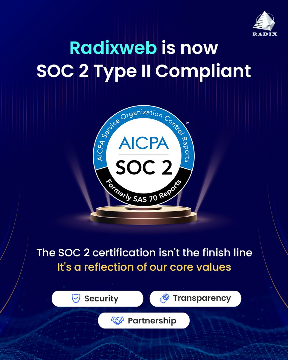 Security isn’t a checkbox — it’s how we build.

Radixweb is now officially SOC 2 Type II Compliant. This certification reinforces our commitment to secure engineering and responsible innovation.

#SOC2Compliance #SOC2Certified #DataSecurity #CyberSecurity