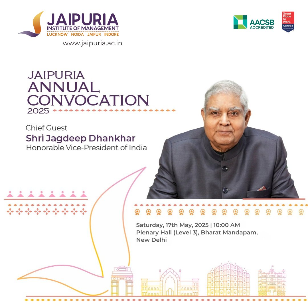 Jaipuria Institute (@jaipuria_inst) on Twitter photo A historic milestone for Us ! All 4 campuses — Lucknow, Noida, Jaipur & Indore — unite to celebrate 1200+ graduates at the Annual Convocation 2025.
Honored by the presence of Shri Jagdeep Dhankhar, Vice-President of India <a href="/VPIndia/">Vice-President of India</a>
#Convocation2025 A historic milestone for Us ! All 4 campuses — Lucknow, Noida, Jaipur & Indore — unite to celebrate 1200+ graduates at the Annual Convocation 2025.
Honored by the presence of Shri Jagdeep Dhankhar, Vice-President of India <a href="/VPIndia/">Vice-President of India</a>
#Convocation2025
