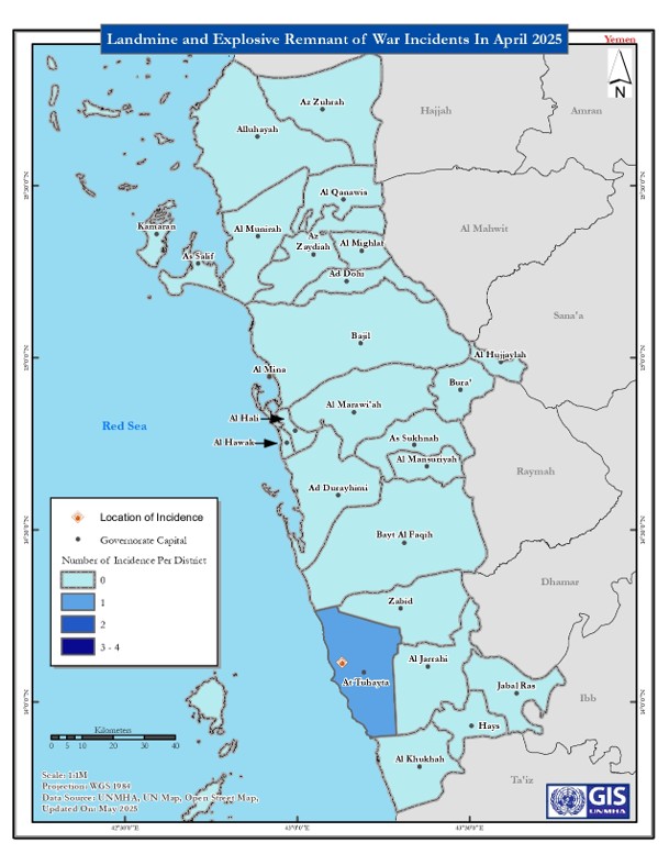 #UNMHA recorded 1 landmine &amp; ERW incidents in #Hudaydah in April 2025.

1 man was killed in the districts of Hudaydah. While casualties decreased from March, this doesn’t signify that the threat has diminished.

⚠️ UNMHA urges caution in contaminated areas.

📖 Read more: