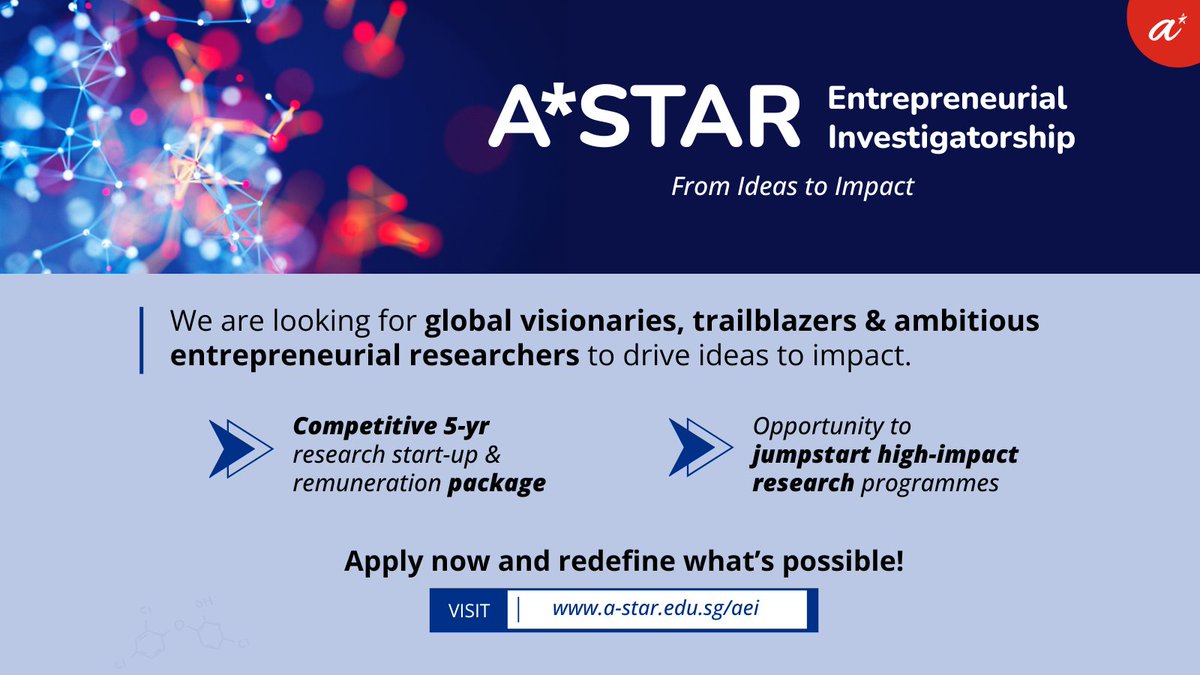 Calling all PhDs (5–12 yrs) in AI, Biotherapeutics, Precision Health, Quantum,  Robotics, Semicon &amp; Sustainability!  

A*STAR offers attractive startup &amp; remuneration packages for researchers with an entrepreneurial edge.  

🔗 Apply now! a-star.edu.sg/aei