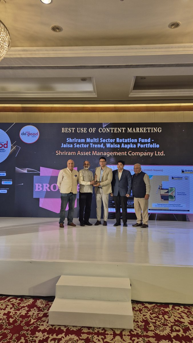 Shriram Mutual Fund (@shrirammf) on Twitter photo Our campaign βJaisa Sector Trend, Waisa Aapka Portfolioβ for the Shriram Multi Sector Rotation Fund has won Best Use of Content Marketing at the <a href="/e4mtweets/">exchange4media group</a> #DoGoodAwards 2025!
This recognition reinforces our belief in the power of purposeful, clear & consistent storytelling Our campaign βJaisa Sector Trend, Waisa Aapka Portfolioβ for the Shriram Multi Sector Rotation Fund has won Best Use of Content Marketing at the <a href="/e4mtweets/">exchange4media group</a> #DoGoodAwards 2025!
This recognition reinforces our belief in the power of purposeful, clear & consistent storytelling