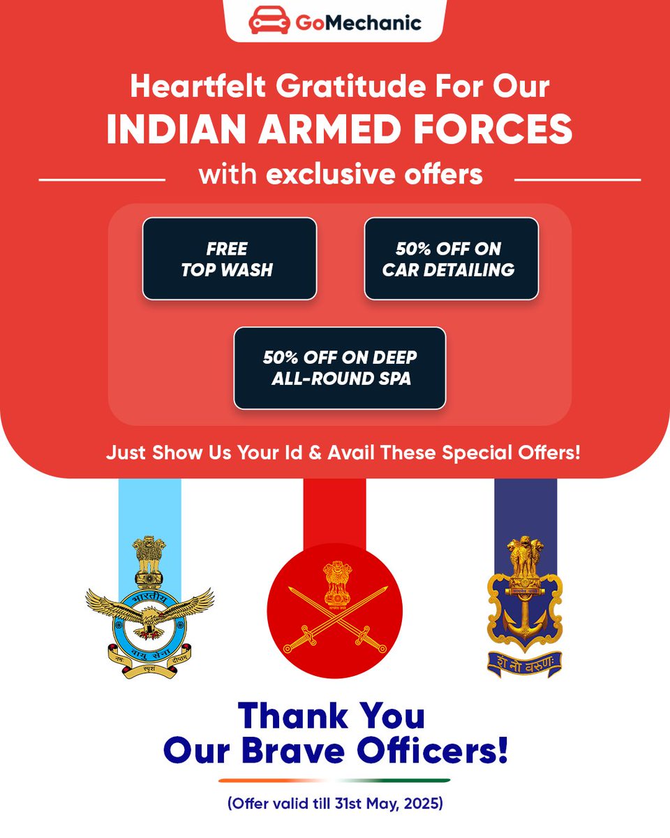 Saluting the Real Heroes 🇮🇳
This is our small tribute to the brave hearts who protect our nation.
GoMechanic proudly offers exclusive discounts for our Indian Armed Forces. 
Thank you for your unwavering service &amp; sacrifice. 🙏