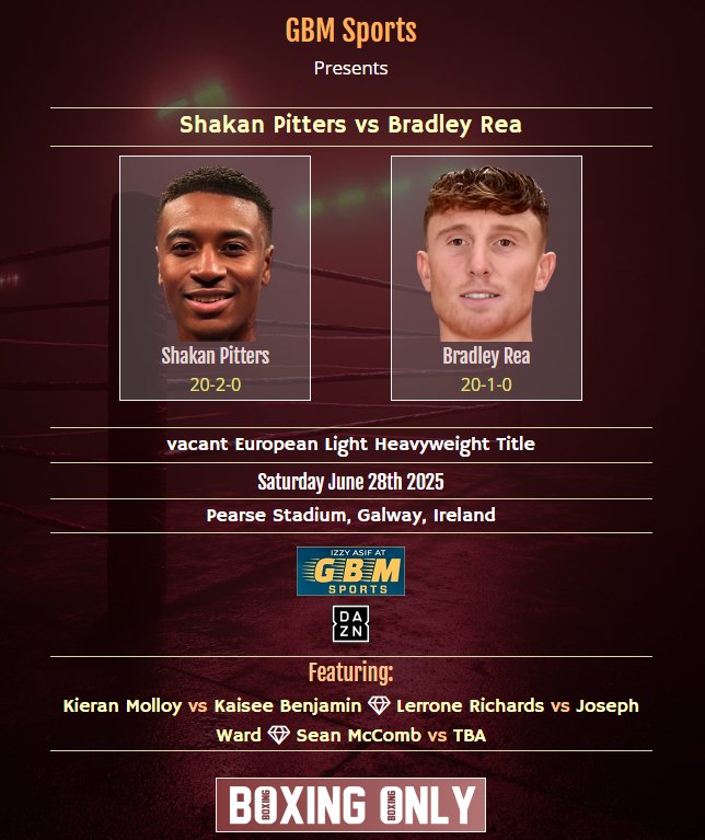 🥊Boxing Only🥊 (@boxingonly5) on Twitter photo 🥊Shakan Pitters vs Bradley Rea
🏆vacant European Light Heavyweight Title
📅Saturday June 28th
🏟️Pearse Stadium, Galway 🇨🇮
📢GBM Sports
📺DAZN
🔗boxingonly.net/boxing/shakan-…
#PittersRea <a href="/ShakanPitters/">Shakan Pitters</a> <a href="/bradrea_/">Bradley “The Sting” Rea 🐝</a> #Boxing #BoxingNews #BoxingOnly5 #IrishBoxing 🥊Shakan Pitters vs Bradley Rea
🏆vacant European Light Heavyweight Title
📅Saturday June 28th
🏟️Pearse Stadium, Galway 🇨🇮
📢GBM Sports
📺DAZN
🔗boxingonly.net/boxing/shakan-…
#PittersRea <a href="/ShakanPitters/">Shakan Pitters</a> <a href="/bradrea_/">Bradley “The Sting” Rea 🐝</a> #Boxing #BoxingNews #BoxingOnly5 #IrishBoxing