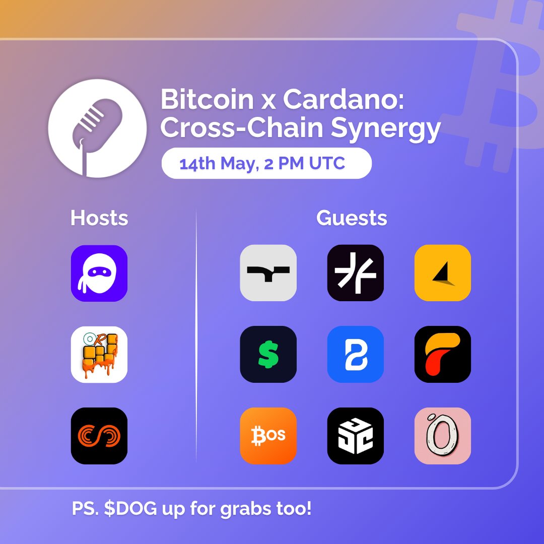 The Bitcoin Blitz #7 🟠🥷

Join us along with OnChain Revolution Podcast &amp; Chaching to talk all things Bitcoin × Cardano.

🗓️ 14 May, 2PM UTC

➡️ Maestro, BitcoinOS, Sundial, Fluid Tokens, Handle, Tap Protocol, Omen, Jellycubes, Bodega

( $DOG giveaway in the event 😉)

Link 🔽