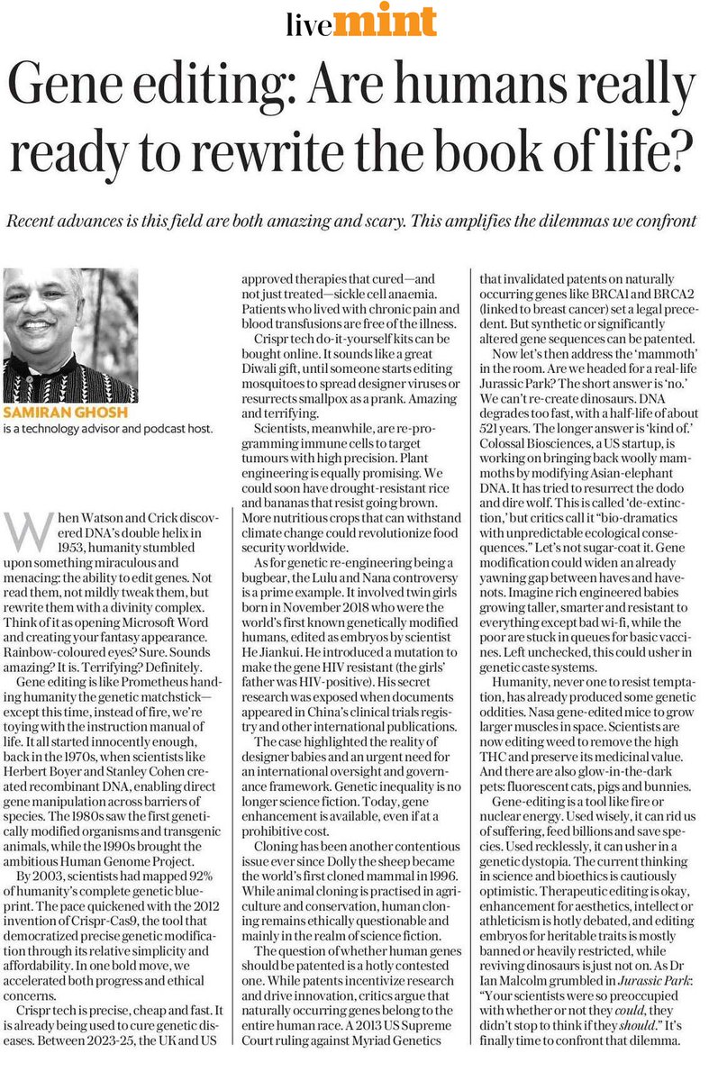 🧬 Playing Gods with the Genetic Matchstick: Our Prometheus Moment 🧪

Just published my take on humanity's latest tech adventure in the Mint - gene editing! We have gone from merely reading our genetic code to rewriting it with a "divinity complex. When Watson and Crick