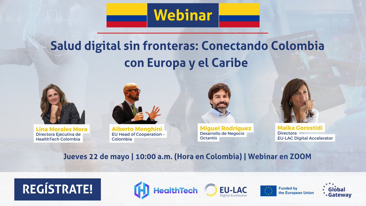 HealthTech Colombia, en colaboración con EU-LAC Digital Accelerator organiza un webinar para corporaciones, startups y pymes de Colombia con enfoque en la #SaludDigital 👩🏽‍💻

¿Tienes retos o soluciones relacionados con los puntos siguientes?

🔘Detectar señales de estrés mediante