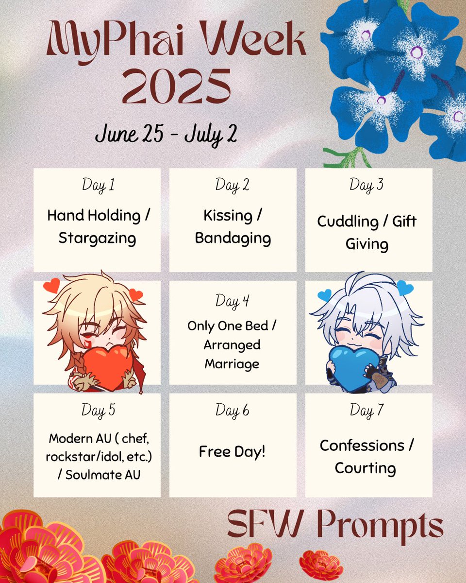 myphaisweek's tweet image. Hello! As promised, here is the official announcement for #myphaiweek 2025, commencing from June 25th to July 2nd, also to celebrate Phainon’s release.

Prompts are in the graphics below. Thank you to @Seanagtala for the graphics, and @yita_min for the chibis. ❤️ #myphai