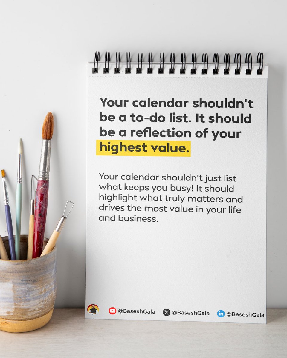 BaseshGala's tweet photo. Too many leaders treat their calendar like a to-do list.
But real progress happens when your schedule reflects your highest priorities, not just your busiest tasks.
Design your time around what truly moves the needle.
#TimeLeadership #IntentionalLiving #BaseshGalaThoughts https://t.co/jS7jcZ7s4u