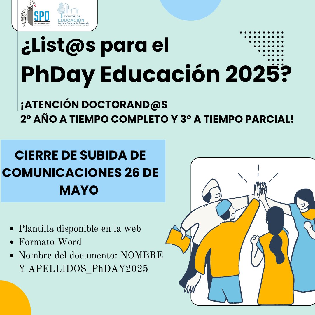 🔈¡INSCRIPCIÓN ABIERTA PhDay Educación 2025!

📌 Inscripción hasta el 28 de mayo (incluido)
📌 Cierre de subida de comunicaciones (doctorandos 2º año a tiempo completo y 3º a tiempo parcial) 26 de mayo (incluido)

Más información: eventos.ucm.es/135221/detail/…
