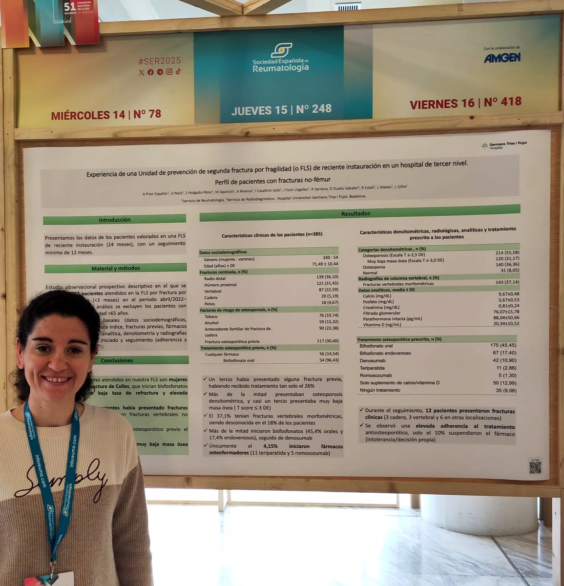 #SER2025 Nos os perdais el poster #78 de la Dra Prior en el que presenta los datos de nuestra #FLS (fx no-femur). 
Destacar:
-26% tenían Fxs previas
-37% tienen Fx vertebrales morfométricas
-91% inician tto antiOP (solo 4% osteoformador)
-elevada adherencia
-baja tasa re-Fx