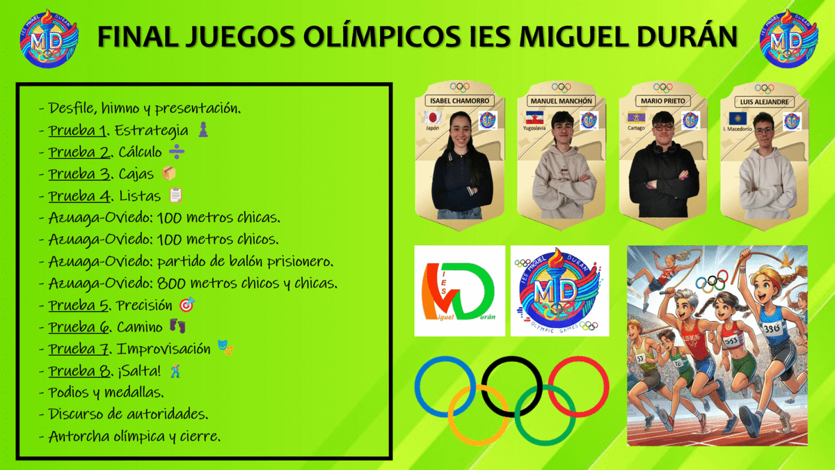 La gran final de los Juegos Olímpicos del IES Miguel Durán tendría lugar el 23 de abril de 2025, en el Estadio Municipal de Deportes de Azuaga. Ante un público formado por más de 400 personas, Manuel, Isabel, Luis y Mario darían lo mejor de sí para luchar por las medallas.🥇🥈🥉