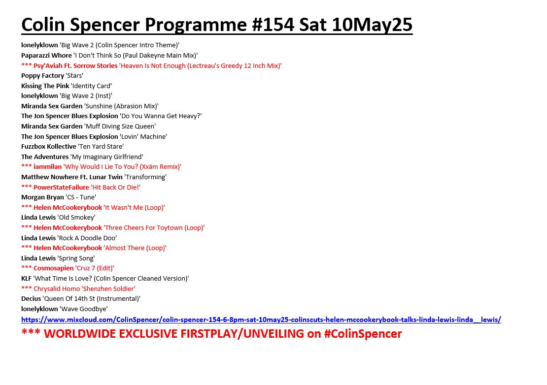 Colin Spencer #AllAboutTheMusic #GenerationBlitz (@colinscuts) on Twitter photo #Tracklisting: #ColinSpencer Programme #154
▶️mixcloud.com/ColinSpencer/c…
featured, at least, EIGHT worldwide #exclusive firstplays amongst the output of labels including <a href="/alfamatrix/">Alfa Matrix</a> <a href="/CherryRedGroup/">Cherry Red Records</a> <a href="/ChrysalisRecs/">Chrysalis Records</a> #Magnet <a href="/MuteUK/">Mute</a> <a href="/RepriseRecords/">Reprise Records.</a> <a href="/RetroSynthRecs/">RetroSynth Records</a>
#DiscoverAndRemember #Tracklisting: #ColinSpencer Programme #154
▶️mixcloud.com/ColinSpencer/c…
featured, at least, EIGHT worldwide #exclusive firstplays amongst the output of labels including <a href="/alfamatrix/">Alfa Matrix</a> <a href="/CherryRedGroup/">Cherry Red Records</a> <a href="/ChrysalisRecs/">Chrysalis Records</a> #Magnet <a href="/MuteUK/">Mute</a> <a href="/RepriseRecords/">Reprise Records.</a> <a href="/RetroSynthRecs/">RetroSynth Records</a>
#DiscoverAndRemember