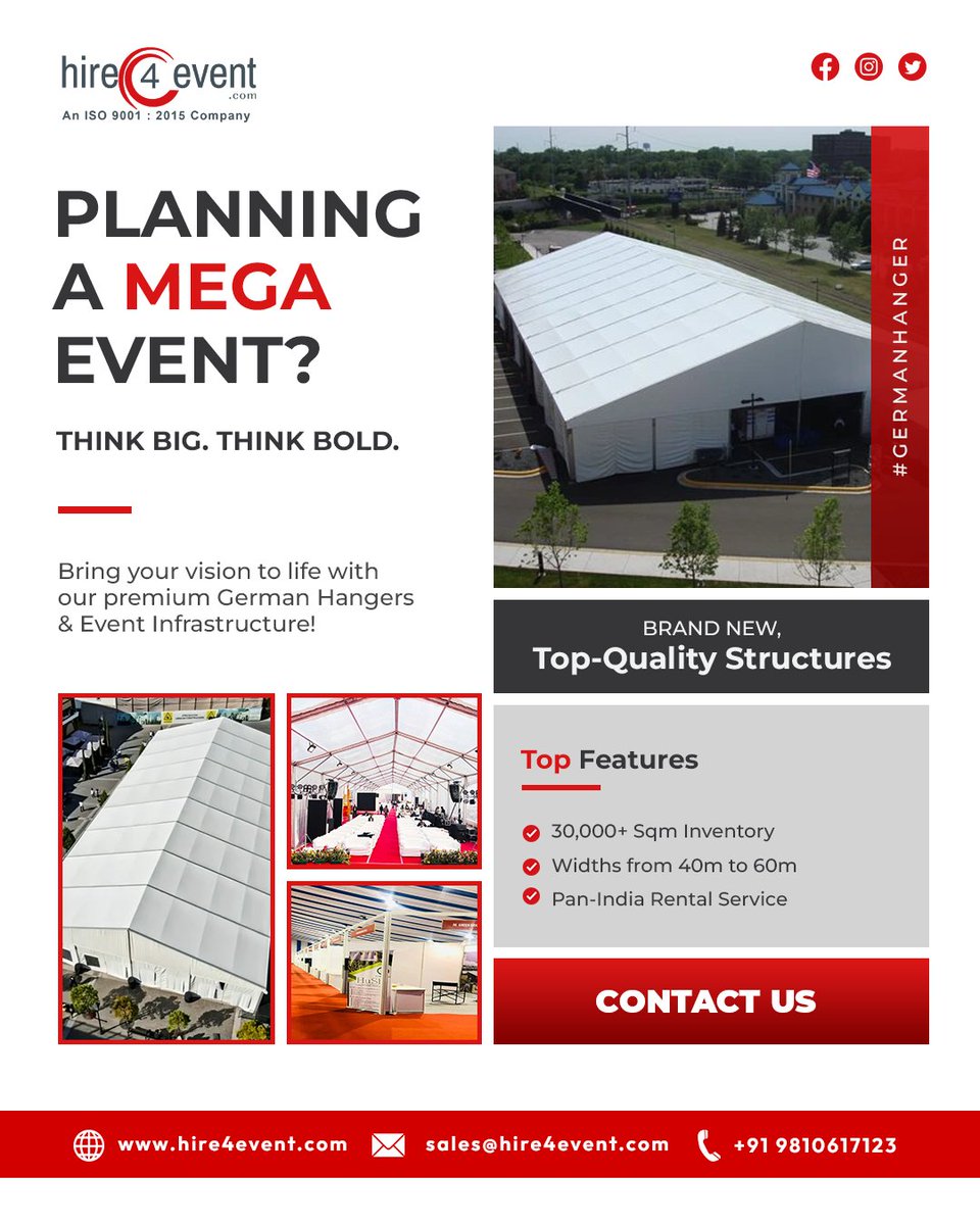 hire4eventcom's tweet image. Planning a mega event? Go grand with premium German Hangers by Hire4Event. Pan-India service, top-quality, massive capacity!

#EventInfrastructure #GermanHanger #MegaEventSetup #Hire4Event #EventPlanningIndia