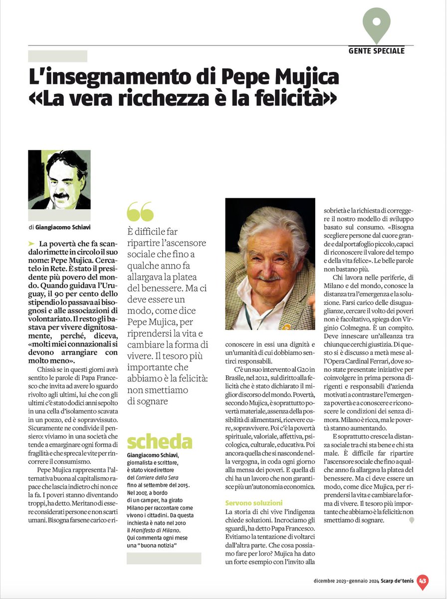 "Ci deve essere un modo per riprendersi la vita e cambiare la forma di vivere. Il tesoro più importante che abbiamo è la felicità: non smettiamo di sognare".

È morto ieri Pepe #Mujica, ex presidente dell'Uruguay e molto altro. 
Lo ricordiamo con il ritratto di <a href="/ggschiavi/">Giangiacomo  Schiavi</a>:
