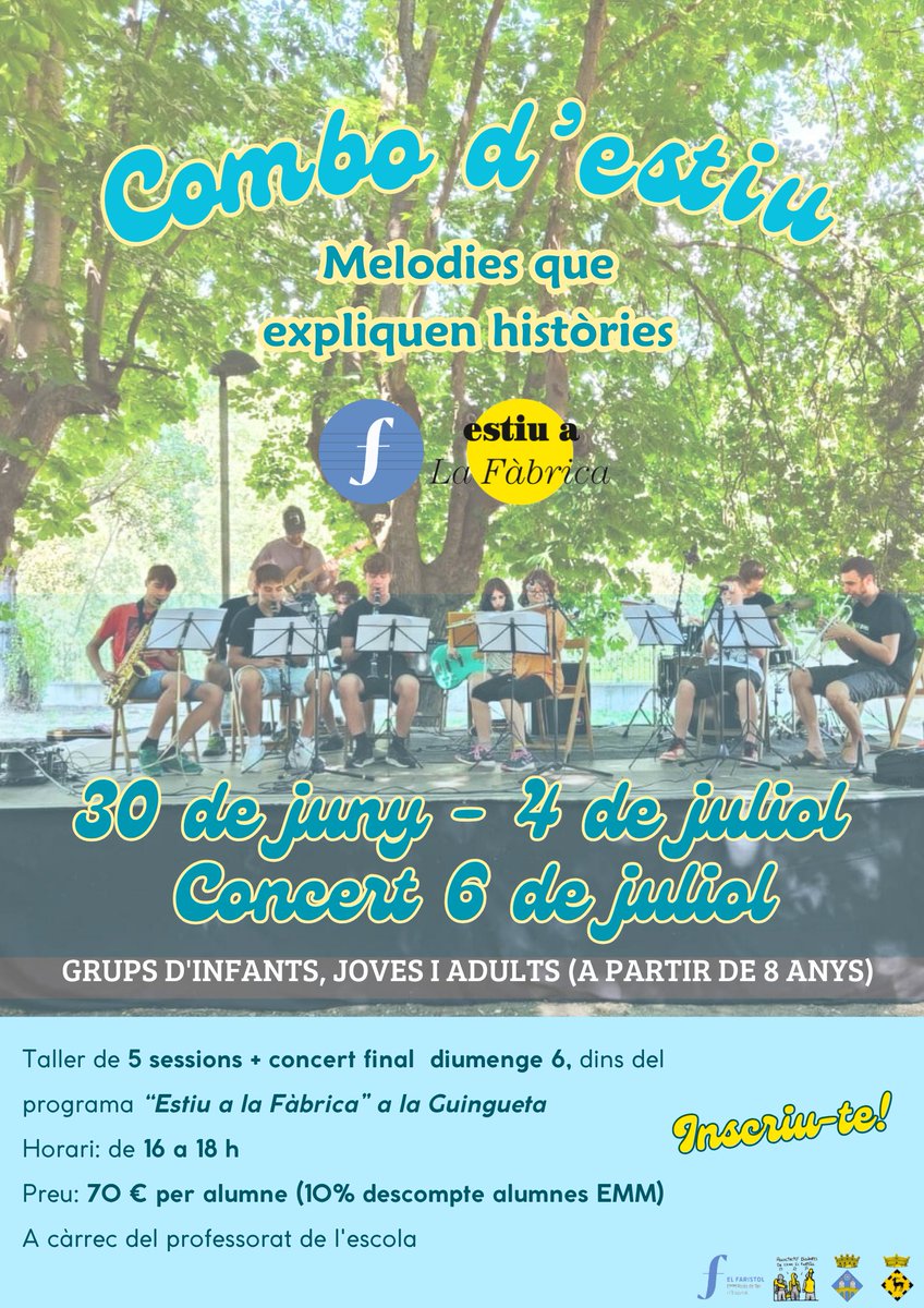 Ja us podeu inscriure al Taller COMBO D'ESTIU!🌞 Obrim grups per infants (+8), joves i adults! No et perdis l'oportunitat de tocar en grup i participar dins del programa Estiu a la Fàbrica amb el concert final. INSCRIU-TE! emelfaristol.gwido.cat/inscripcio_ciu…