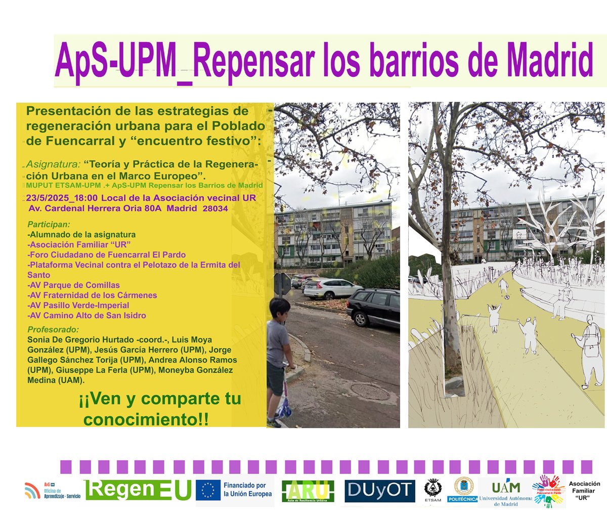 Llega el final de curso y volvemos a los barrios!! La UPM a través del proyecto ApS "Repensar los Barrios de Madrid" estará en el Poblado Dirigido de Fuencarral presentando las estrategias de regeneración urbana desarrolladas por nuestro alumnado.  Sois tod@s muy bienvenid@s!! 👇