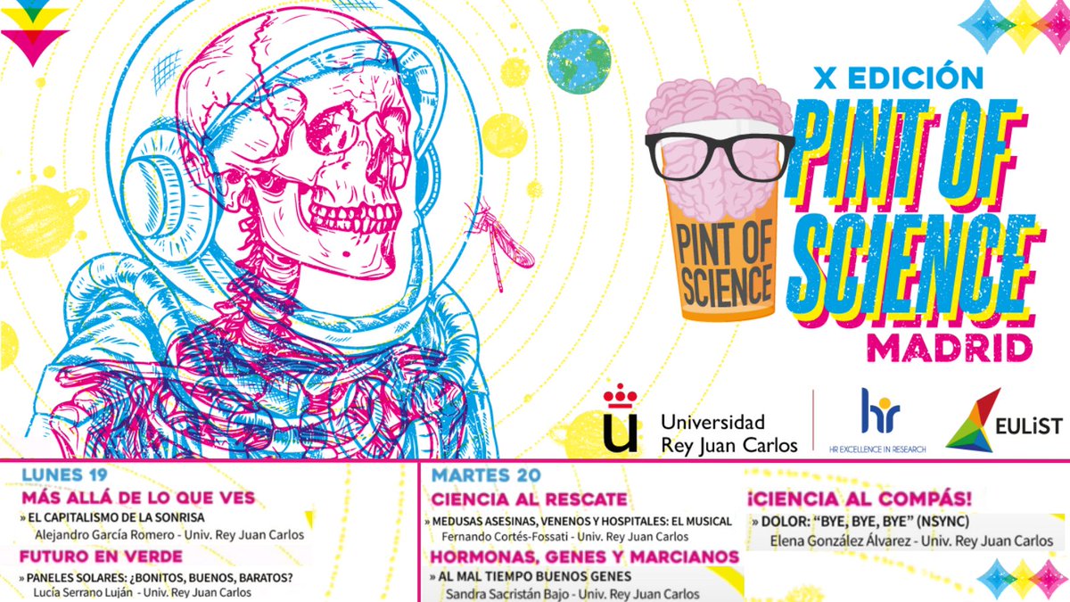 🧠 X edición del festival <a href="/pintofscienceES/">Pint of Science ES</a> 

📆 19, 20 y 21 de mayo

📍En distintos bares de Madrid pintofscience.es/events/madrid

👇Aquí está el programa de charlas de la <a href="/urjc/">URJC</a>