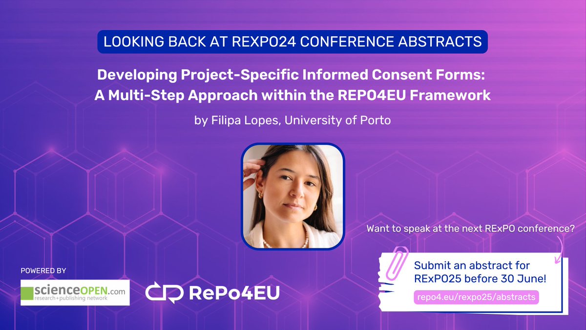 REPO4EU (@repo4eu) on Twitter photo #ScienceFridays 🔬 ‘Developing Project-Specific Informed Consent Forms: A Multi-Step Approach within the REPO4EU Framework’ by Filipa Lopes (<a href="/UPorto/">Universidade Porto</a>)
Published on our RExPO Conference Series via <a href="/Science_Open/">ScienceOpen</a> 👉 drugrepocentral.scienceopen.com/hosted-documen…
#DrugRepurposing #ClinicalData #Medicine #ScienceFridays 🔬 ‘Developing Project-Specific Informed Consent Forms: A Multi-Step Approach within the REPO4EU Framework’ by Filipa Lopes (<a href="/UPorto/">Universidade Porto</a>)
Published on our RExPO Conference Series via <a href="/Science_Open/">ScienceOpen</a> 👉 drugrepocentral.scienceopen.com/hosted-documen…
#DrugRepurposing #ClinicalData #Medicine