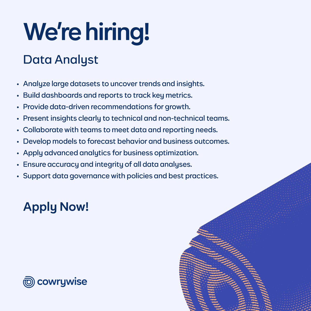 🚨 Spread the woord: We’re hiring a Data Analyst at Cowrywise!
Apply Now: cowrywise.com/careers