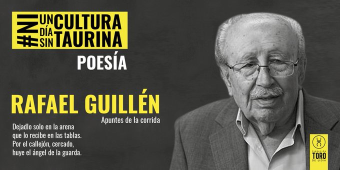 ftorodelidia's tweet image. ⏰ ¡Buenos días!
Arrancamos la semana con Rafael Guillén, poeta de la generación de "Versos al aire libre" en la Granada de la posguerra. Premio Nacional de Literatura, modalidad poesía en 1994.
#FelizLunes
#NiUnDíaSinCulturaTaurina