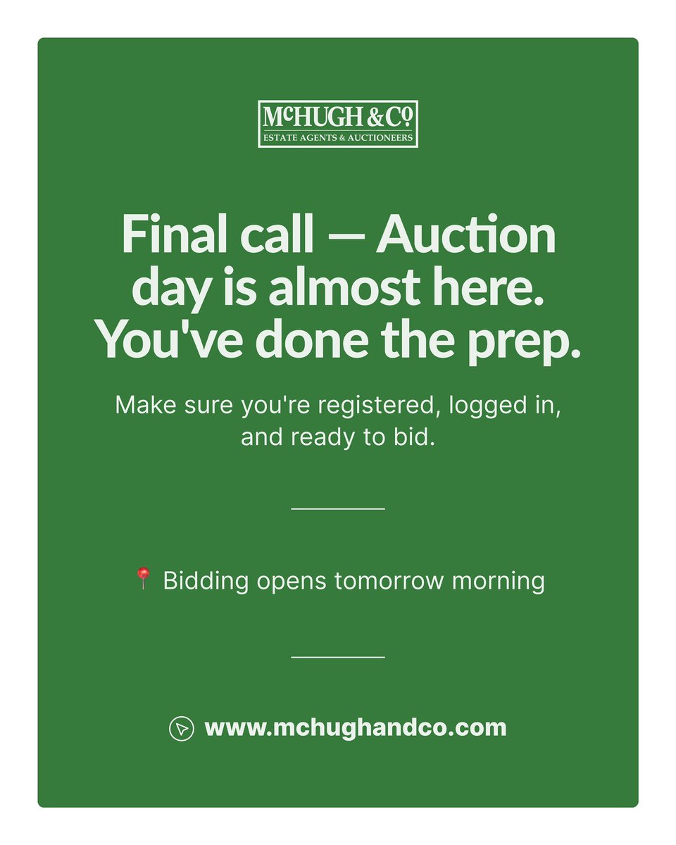 The countdown is on — Auction Day is tomorrow!
You've got your catalogue, you're registered... now it's just a matter of logging in and making your move.
⏰Bidding opens at 7:30 AM - don't miss it.
📲mchughandco.com