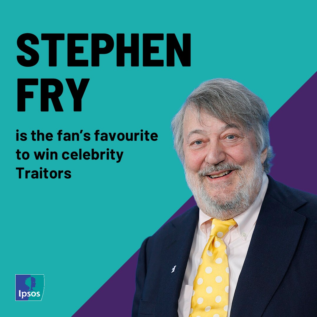 Ipsos_in_the_UK's tweet photo. Stephen Fry is the fan favourite to win #CelebrityTraitors! But is he the ultimate Faithful or a Traitor mastermind? 🤔 

With 1 in 3 Brits saying they have watched the show, the public will be pouring a glass of fizzy pink rosé and tuning in...  

More: https://t.co/MTiK1UMNss https://t.co/L3EqSTiWlD