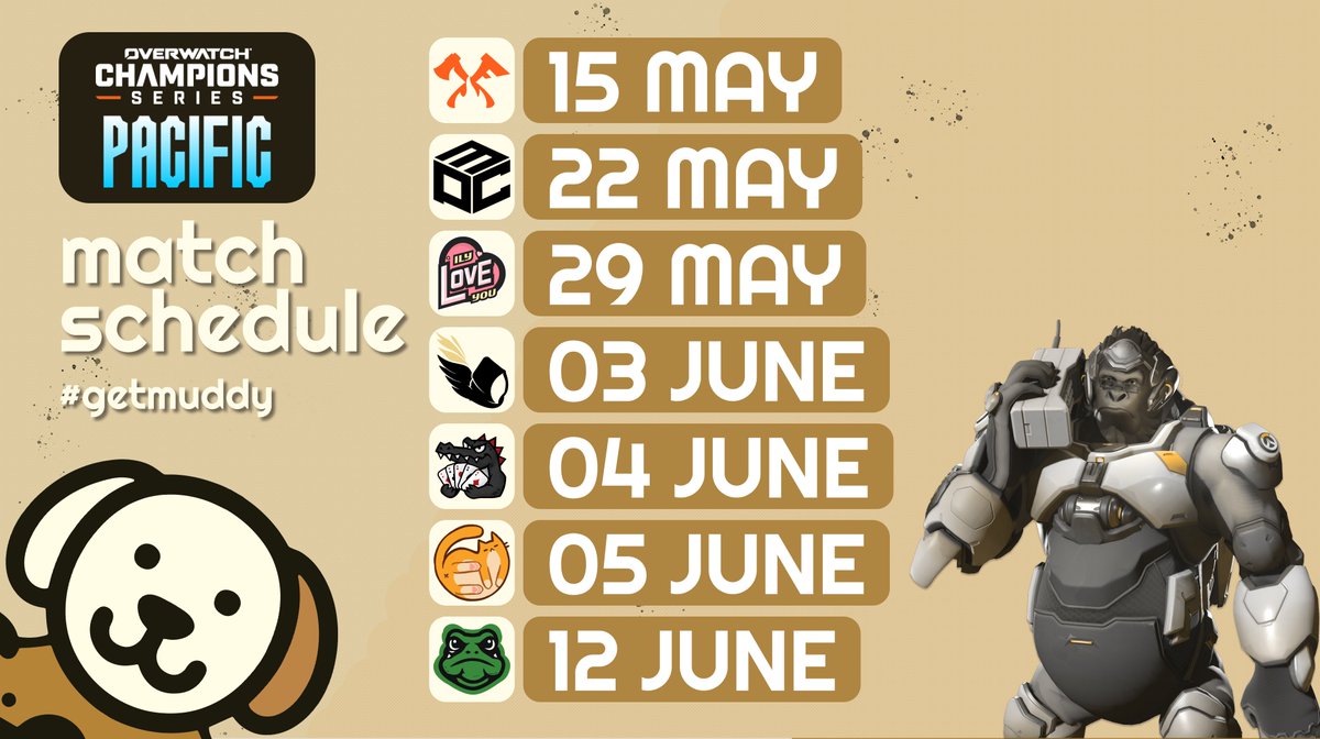 MUDDOGOCE's tweet photo. It's nearly time to #GetMuddy!

Here is our @OW_Esports_Asia Pacific Stage 2 Schedule 🐶 https://t.co/DJvUZ3pzOT