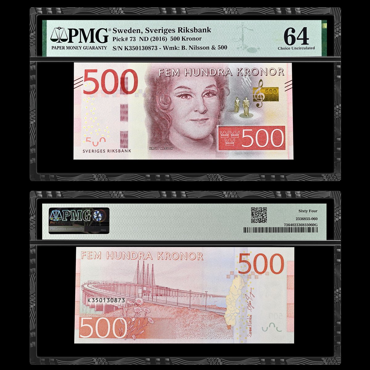 PMGnotes's tweet photo. Note of the Day: For #WomenWednesday, here is a Sweden, Sveriges Riksbank ND (2016) 500 Kronor that shows soprano Birgit Nilsson. Check PMG social media on Wednesdays for more women on banknotes. #numismatics #notecollecting #papermoney #sweden #nilsson #birgitnilsson #soprano https://t.co/f5h1yebMcv