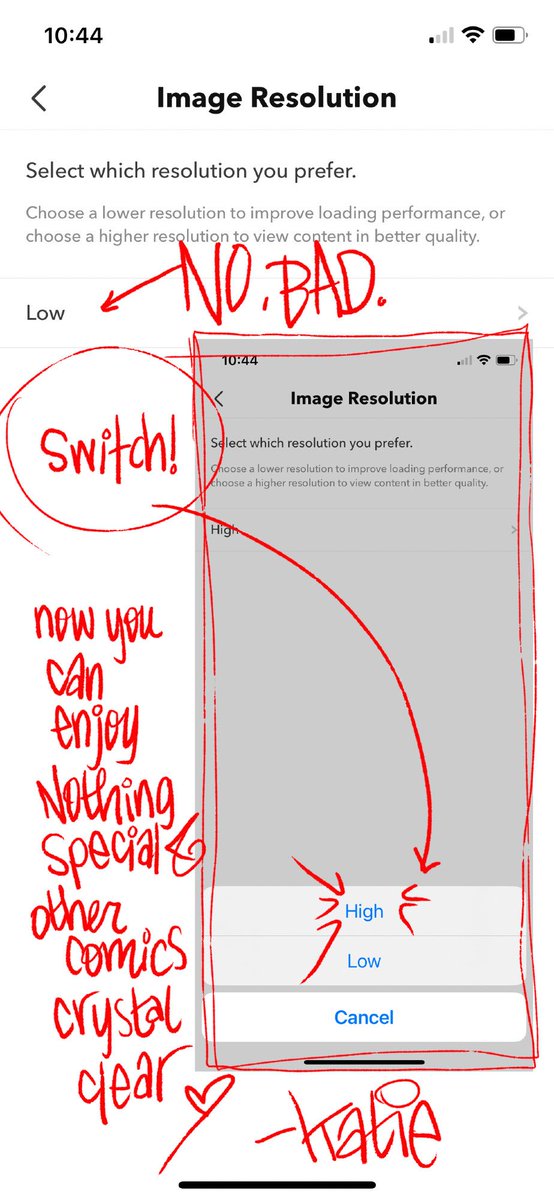 If you read comics on the Webtoon app, did you know the default is low resolution? That won't do, there's so many things to explore in the art and you deserve better. Here's the simple swap to switch it to high resolution on your mobile device! 

webtoons.com/en/fantasy/not…