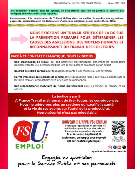 FSU EMPLOI OCCITANIE (@fsuemploiocc) on Twitter photo Déclaration préalable de la #FSU Emploi au #CSEC <a href="/FranceTravail/">France Travail</a> du mercredi 14 mai 2025 : Agents en danger : <a href="/FranceTravail/">France Travail</a> reconnu coupable de faute inexcusable. <a href="/FsuNationale/">FSU</a> <a href="/FSUEMPLOI/">FSU Emploi</a> <a href="/FranceTravail/">France Travail</a> <a href="/ThibautGuilluy/">Thibaut Guilluy</a> Déclaration préalable de la #FSU Emploi au #CSEC <a href="/FranceTravail/">France Travail</a> du mercredi 14 mai 2025 : Agents en danger : <a href="/FranceTravail/">France Travail</a> reconnu coupable de faute inexcusable. <a href="/FsuNationale/">FSU</a> <a href="/FSUEMPLOI/">FSU Emploi</a> <a href="/FranceTravail/">France Travail</a> <a href="/ThibautGuilluy/">Thibaut Guilluy</a>
