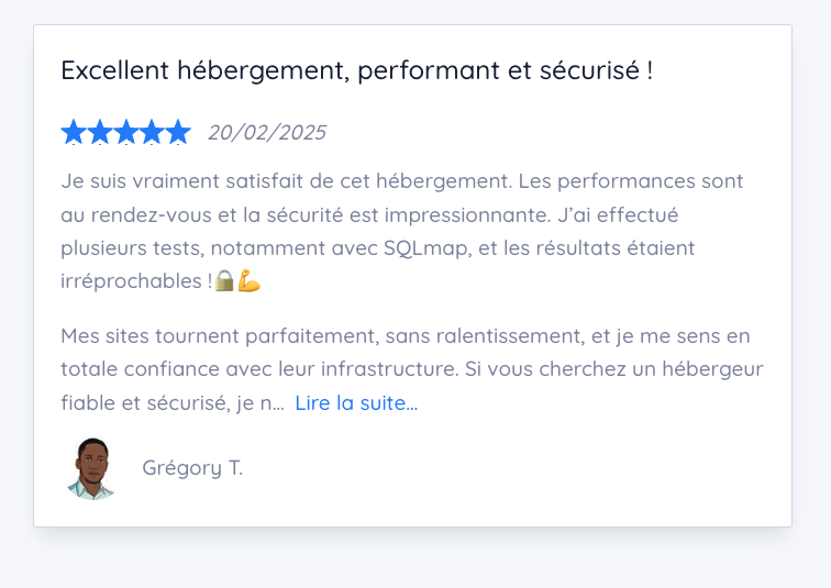 Merci <a href="/vidjinnangniG/">Grégory T. 🇧🇯👨🏾‍💻</a> 🙏 Nous ferons tout pour conserver ta satisfaction aussi longtemps que possible ! 🤝
N'hésite pas à participer au concours ci-dessous pour prolonger d'1 an ton échéance ou profiter d'un 2e hébergement MassiveHoster 🥳
