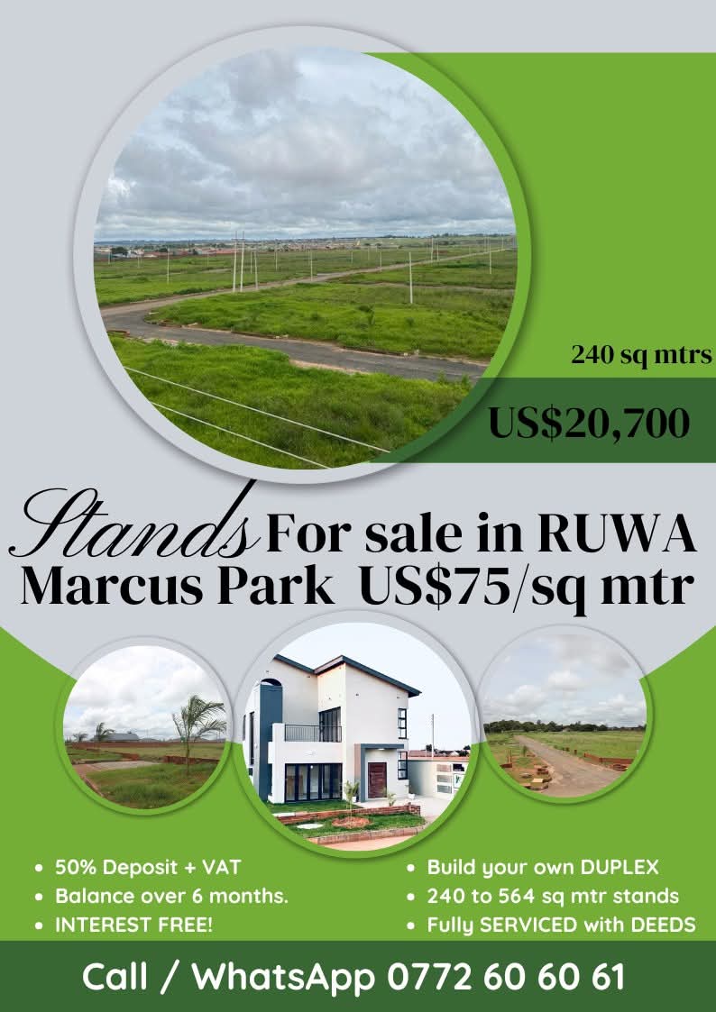 marcusparkzw's tweet photo. Complete &amp; affordable STANDS in Marcus Park, Ruwa.
Build your own DOUBLE STOREY home.
Stand sizes from 240 to 564 square metres.
Stands are FULLY SERVICED &amp; ready for DEEDS.
Payment terms are 50% Deposit + VAT &amp; Bal over 6 months.
INTEREST FREE!
Call/WhatsApp us NOW!
0772 606 061 https://t.co/6iF42ebQNv